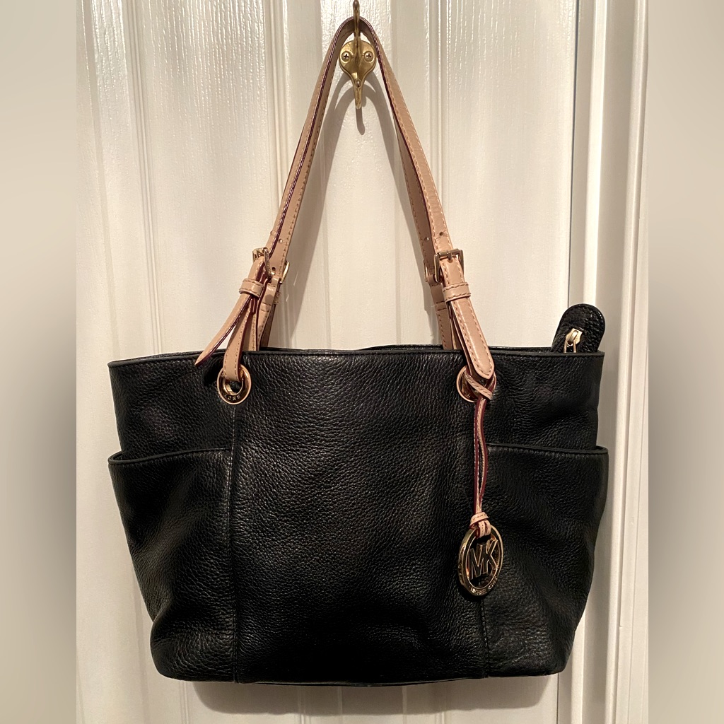 Michael Kors Pebbled Leather Satchel Handbag Black, Tan Double Straps